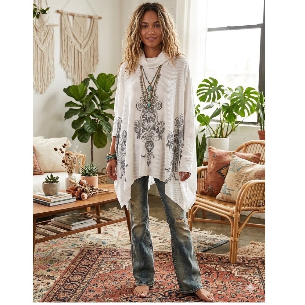 New Directions White Damask Cowl Neck Poncho Top XL NWT Boho Western